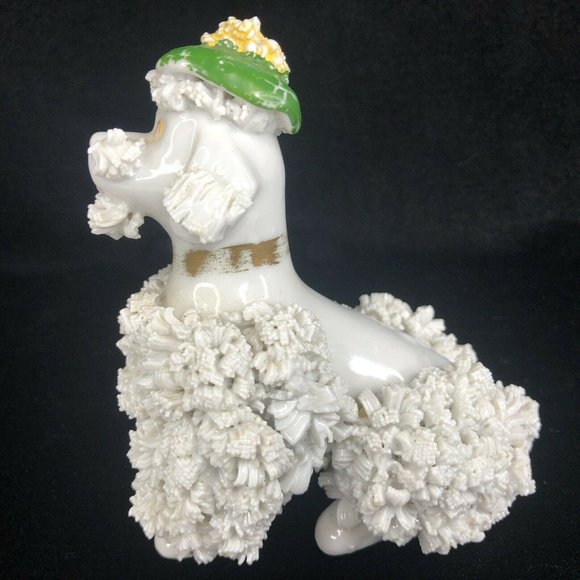 2 Vintage White Porcelain Spaghetti Poodle Dogs Wearing Green Beret Hat Figurine - Picture 7 of 12